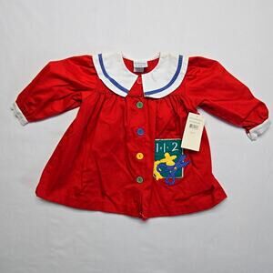 Vintage Samara Red Dress School Theme Embroidered Buttons 3T Kids 90s